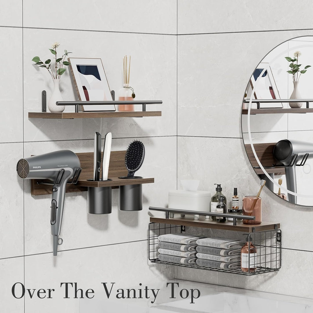Bathroom Floating Shelves with Hair Dryer Holder